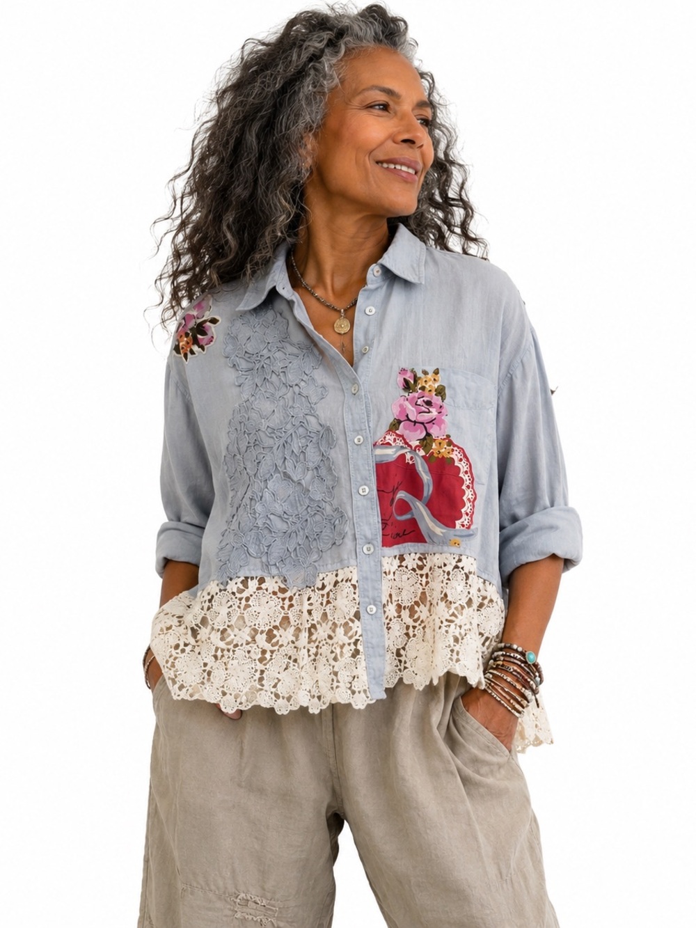 Upcycled Maeve Anthropologie Pale Blue Linen Button-Up Shirt - Picture 11 of 11